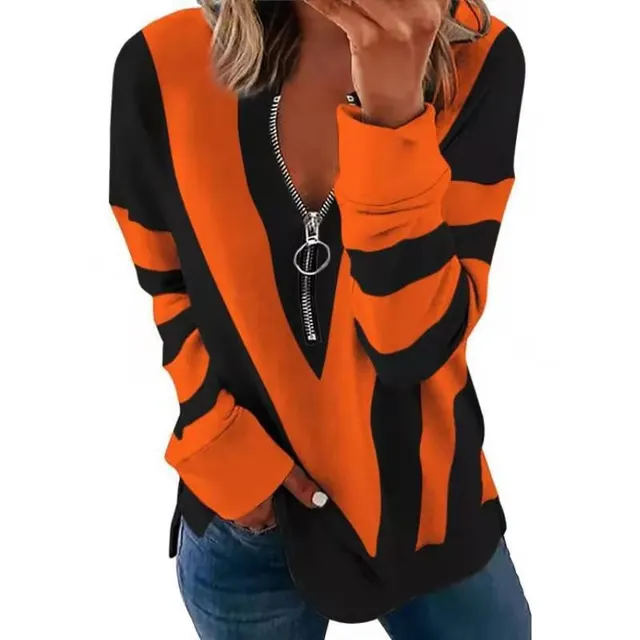 V neck Zipper Personalized Printing Long sleeved Sweatshirt Orange - Shop at LoveMi