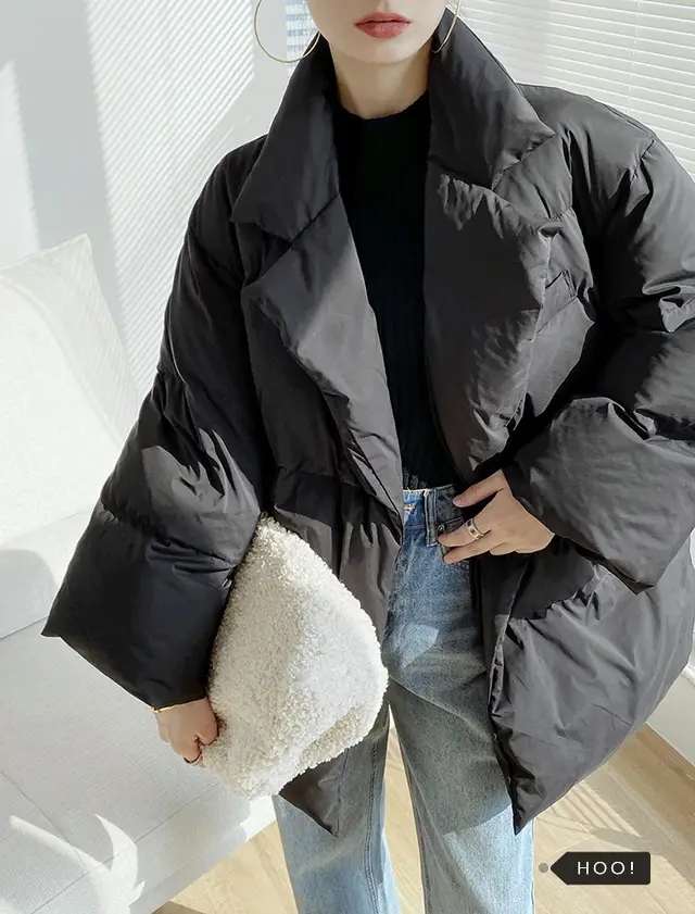 Mid length Loose Down Jacket With Suit Collar Black - Shop at LoveMi