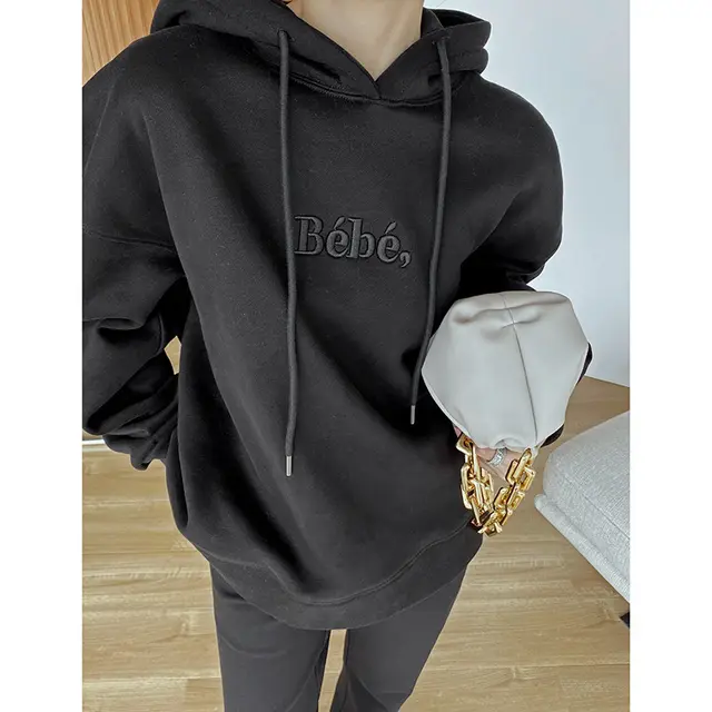 Women's Three dimensional Embroidery Cotton Style Casual Loose Hooded Sweater Black - Shop at LoveMi