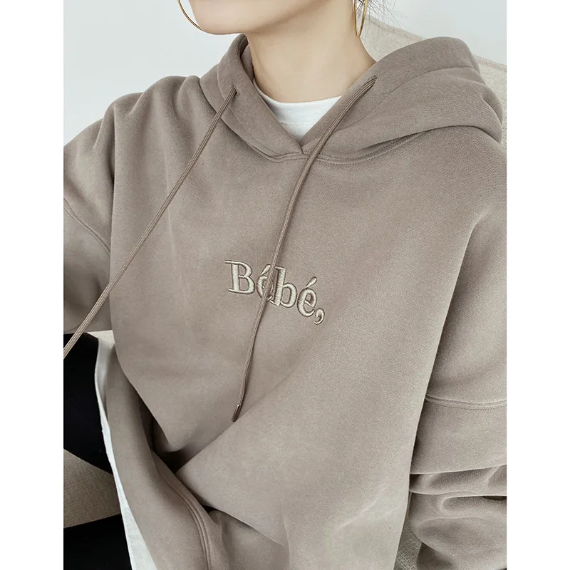 Women's Three dimensional Embroidery Cotton Style Casual Loose Hooded Sweater Grey Khaki - Shop at LoveMi