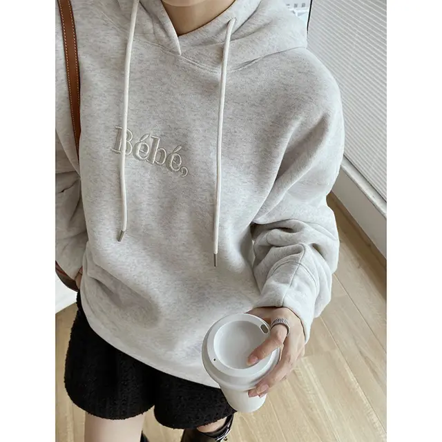 Women's Three dimensional Embroidery Cotton Style Casual Loose Hooded Sweater Light Grey - Shop at LoveMi