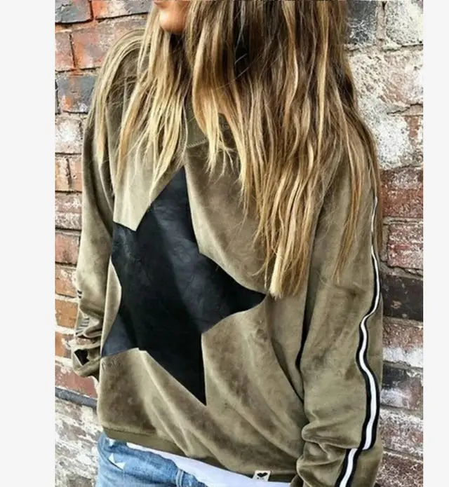Star Print Loose Round Neck Long Sleeve Women's Sweater Khaki - Shop at LoveMi