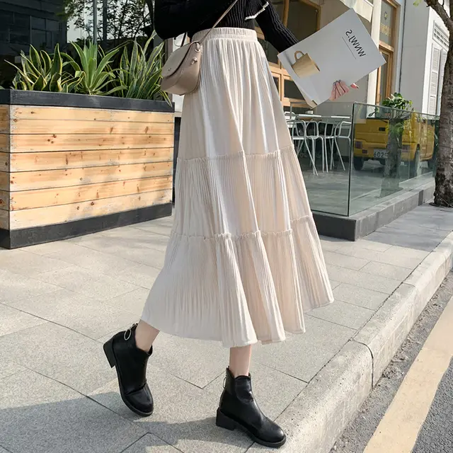 Small Elastic Waist A line Corduroy Pleated Skirt Apricot - Shop at LoveMi