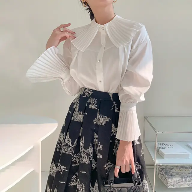 Temperament Pleated Large Lapel Single breasted Flared Sleeve Shirt Suit - Shop at LoveMi