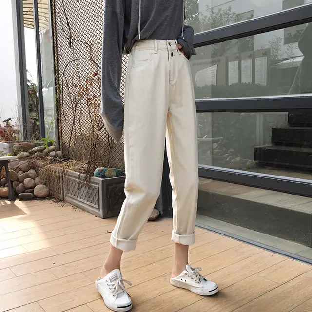 Women's Jeans Loose And Slim High Waist Cropped Trousers 9238Apricot - Shop at LoveMi
