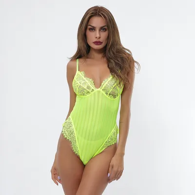 Women's New Lace Stitching Striped Perspective Jumpsuit Green - Shop at LoveMi