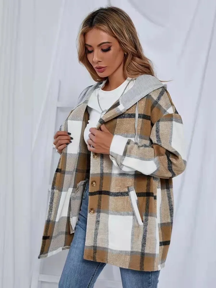 Women Cardigan Women's Plaid Woolen Coat Khaki - Shop at LoveMi