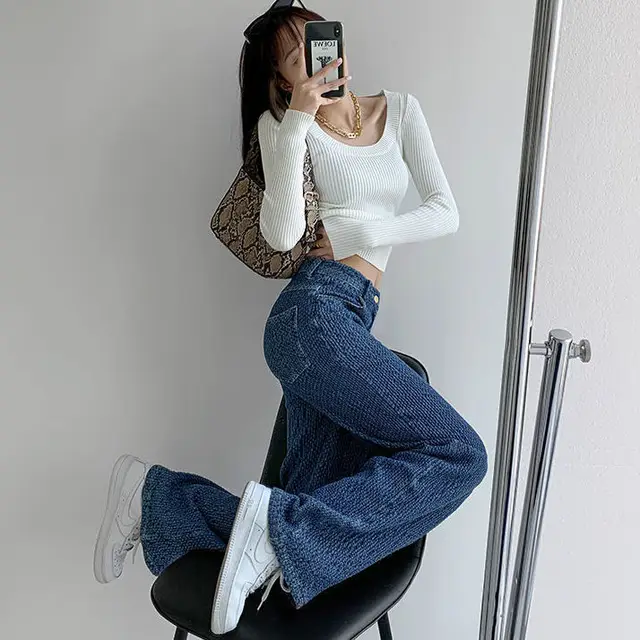 Fashionable Retro Niche Trendy Air Sense Woven Jeans Women Blue - Shop at LoveMi