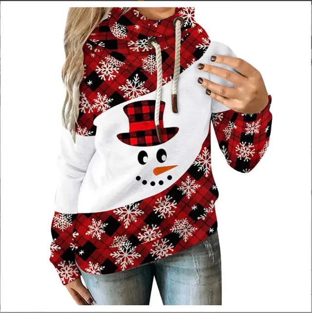 Loose Printed Contrast Color Fleece Hooded Casual Sweater - Shop at LoveMi