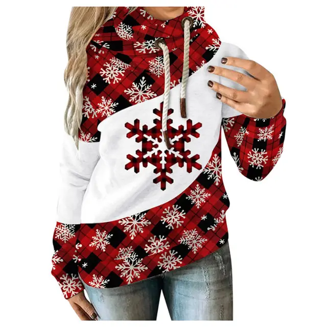 Loose Printed Contrast Color Fleece Hooded Casual Sweater - Shop at LoveMi