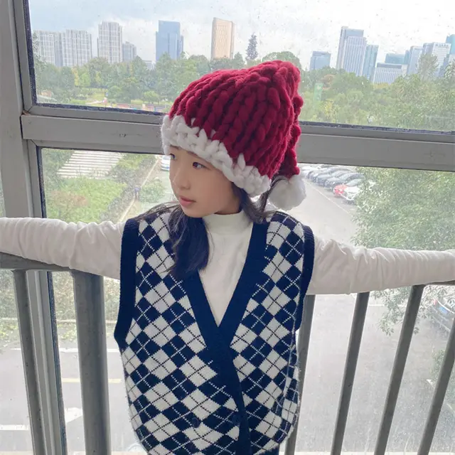 Christmas Wool Hat Warm Winter Loose Creative Hand knitted Santa Parent child Hat Happy New Year Wine Red - Shop at LoveMi