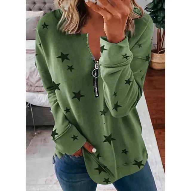 Star Print Long Sleeve Pullover Women's Sweatshirt Army Green - Shop at LoveMi