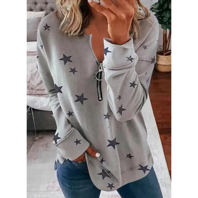 Star Print Long Sleeve Pullover Women's Sweatshirt Light Grey - Shop at LoveMi
