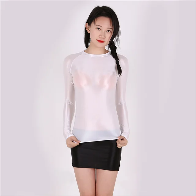 Fashion Bright Shiny Tights Slim T shirt Sexy Transparent White - Shop at LoveMi