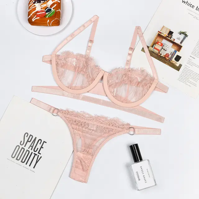Underwire Lace Sexy Bra Wrap Underwear Set Nude Pink - Shop at LoveMi