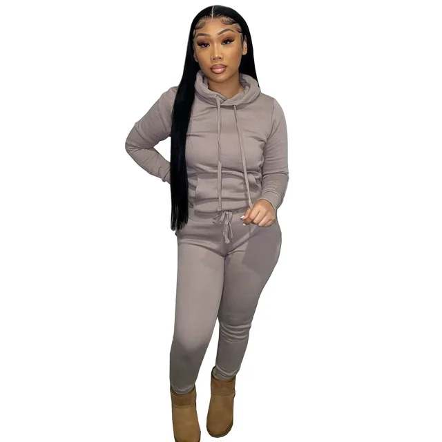 Two piece Hooded Set With Velvet Drawstring For Autumn And Winter Mocha - Shop at LoveMi