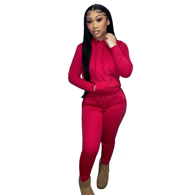 Two piece Hooded Set With Velvet Drawstring For Autumn And Winter Red - Shop at LoveMi