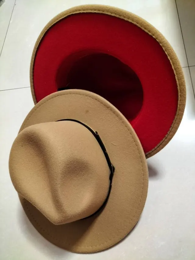 European And American Popular Woolen Top Color Matching Flat Brim Fedora Jazz Hat Camel Inner Red - Shop at LoveMi