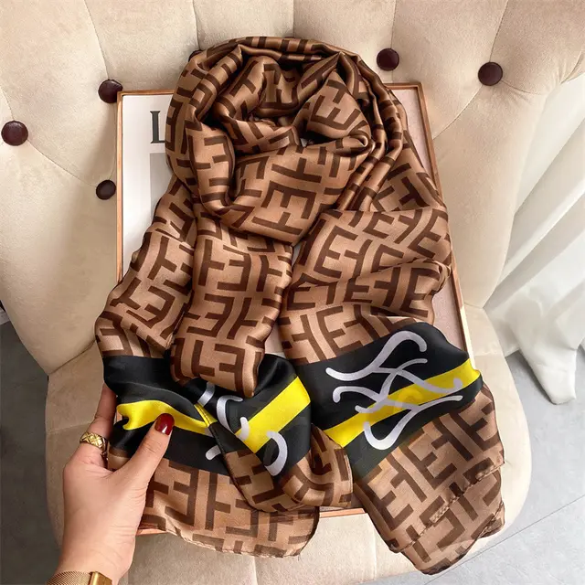 New Silk Satin Thin Shawl Tide Brand Beach Towel Brown - Shop at LoveMi