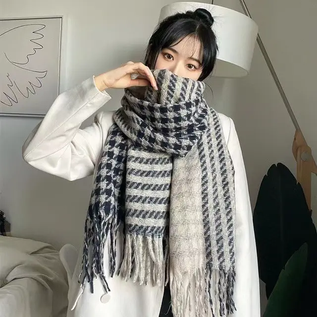Imitated Wool All match Double sided Autumn And Winter Thickened Warm Scarf Houndstoothnavy Blue - Shop at LoveMi