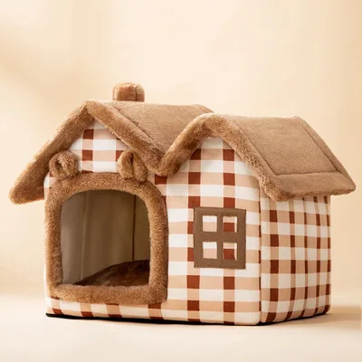 Foldable Dog House Pet Cat Bed Winter Dog Villa Sleep Kennel Removable Nest Warm Enclosed Cave Sofa Pets Supplies Double Top Lattice Bear - Shop at LoveMi
