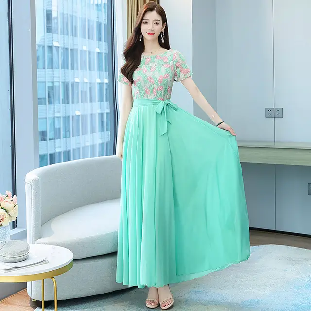 Short sleeved Temperament Fashionable And Elegant Long Skirt Waist Was Thin Green - Shop at LoveMi