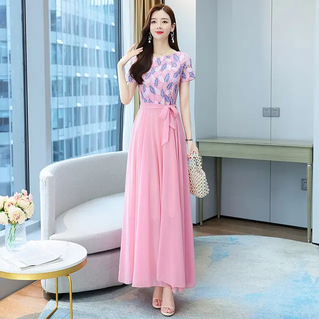 Short sleeved Temperament Fashionable And Elegant Long Skirt Waist Was Thin Pink - Shop at LoveMi