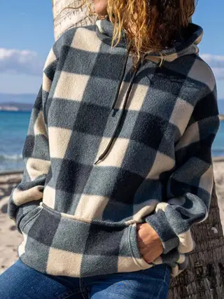 New Checkered Printed Loose Pullover Hooded Sweater - Grey