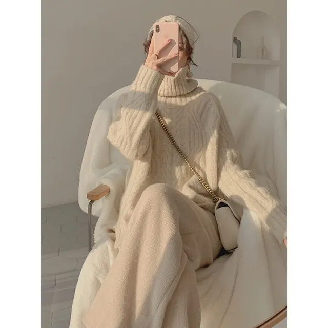 Thickened Twist Soft Waxy Mid length White Loose Turtleneck Sweater Women Apricot - Shop at LoveMi