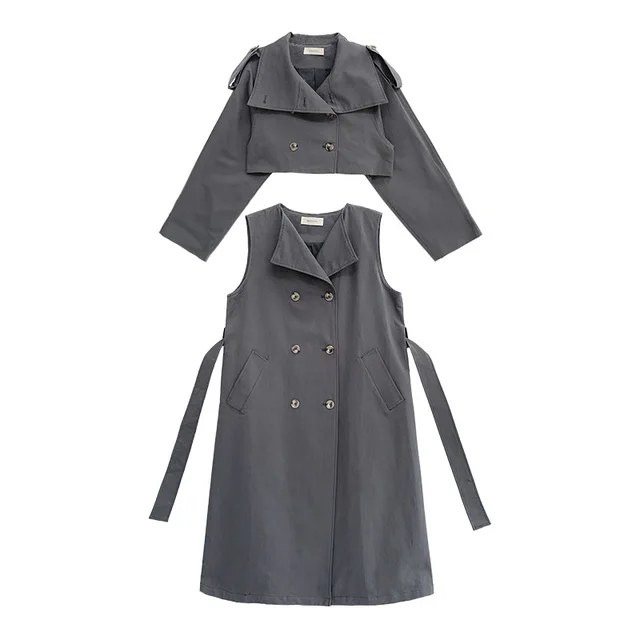 Korean Style Windbreaker Cardigan Loose Combination Two piece Coat Women Dark Grey - Shop at LoveMi