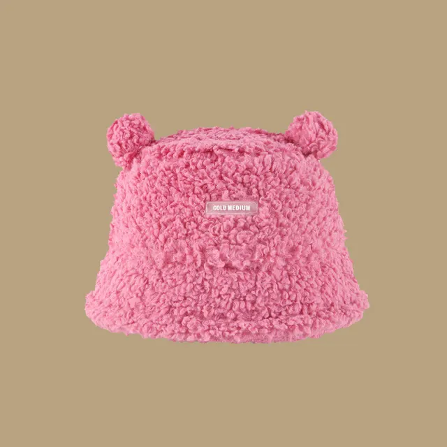 Show Face Little Net Red Cute Bear Lamb Plush Solid Color Fisherman Hat Female Pink - Shop at LoveMi