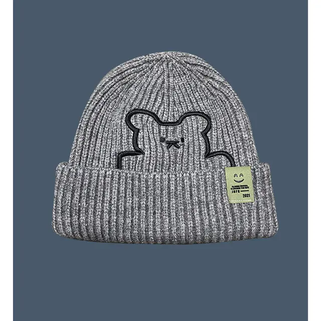 Embroidery Cute Cartoon Bear Knitted Hat Women Grey - Shop at LoveMi