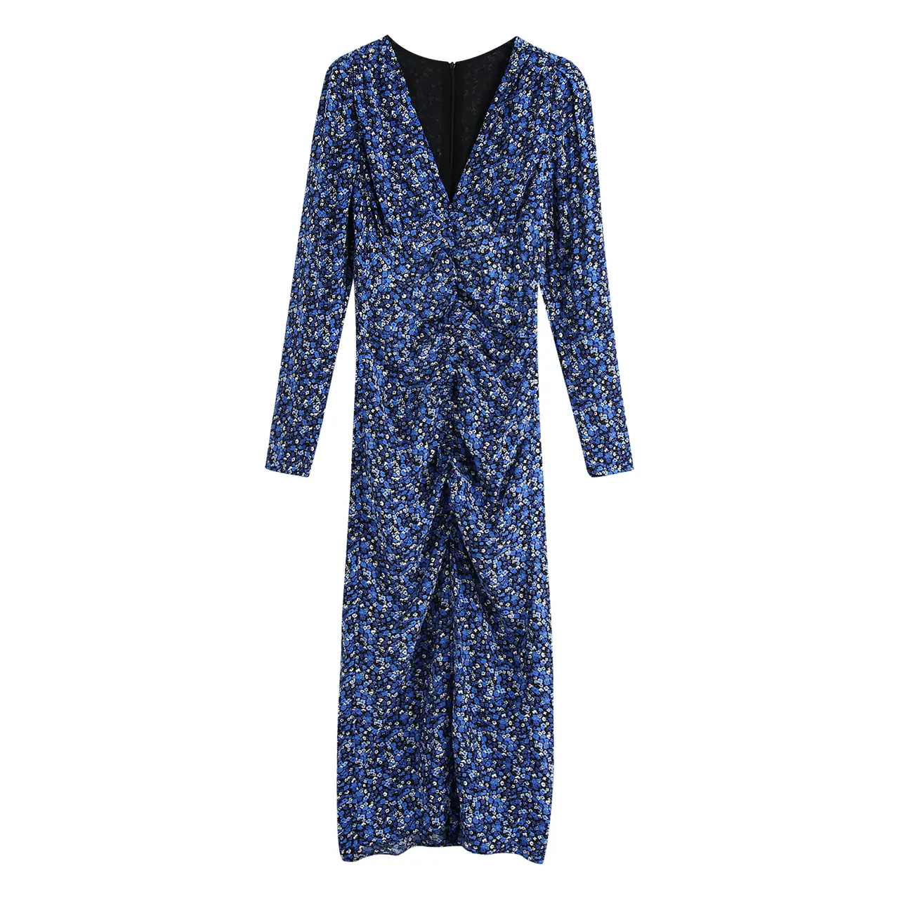 Printed V-neck Pleated Waist Long-sleeved Dress Women - Floral - View 1