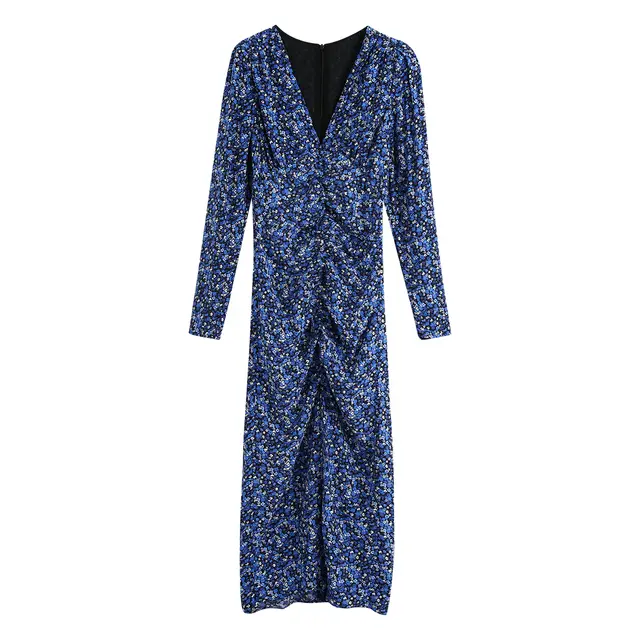 Printed V neck Pleated Waist Long sleeved Dress Women Floral Multi - Shop at LoveMi