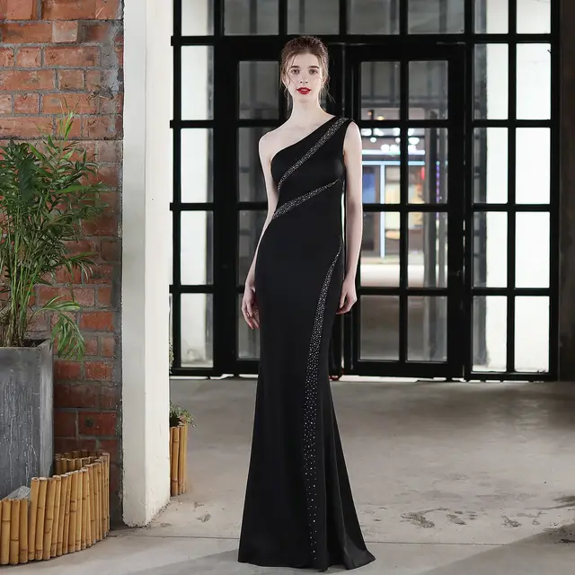 Toast Dress Bride Long One shoulder Thank You Banquet Slim Fishtail Skirt Black - Shop at LoveMi