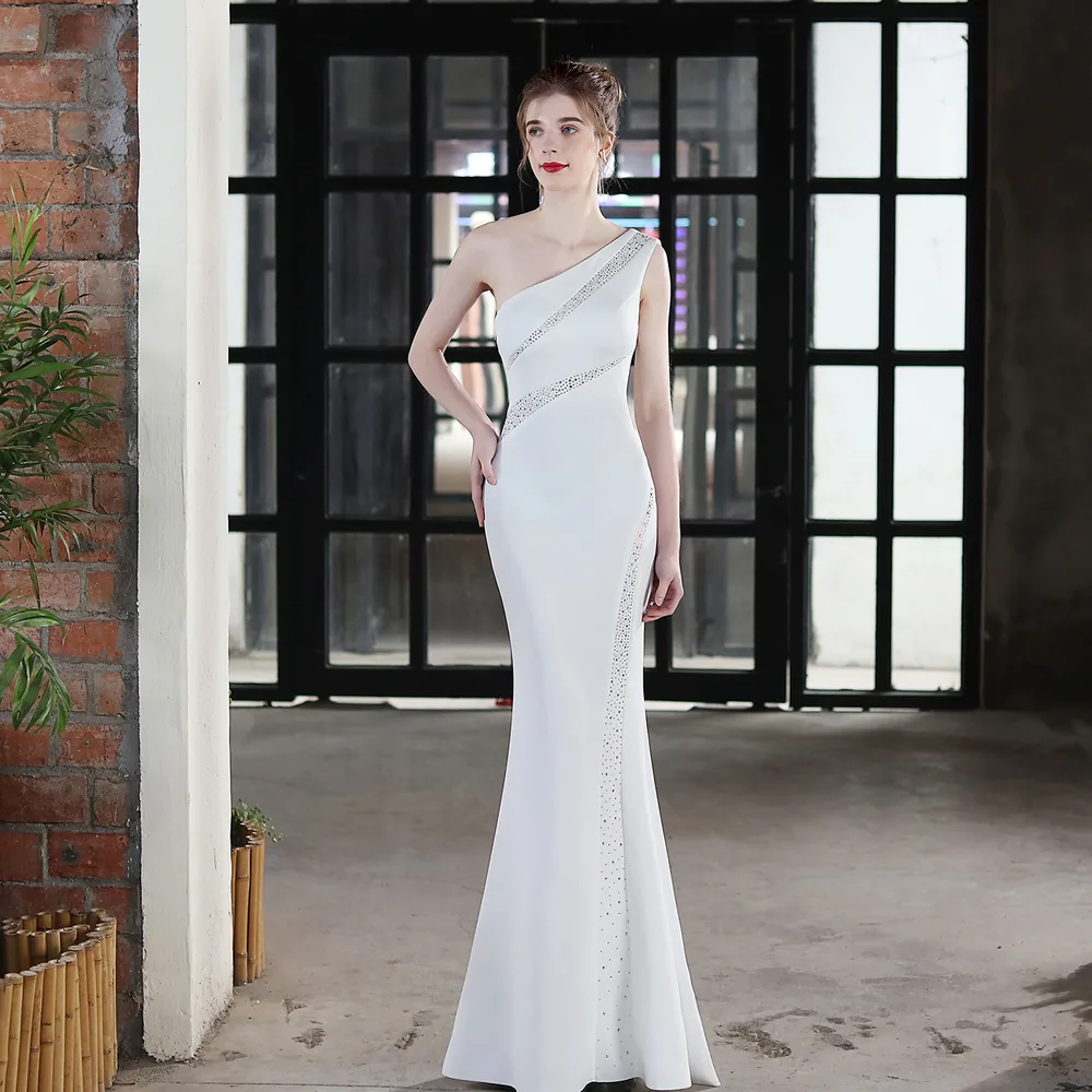 Toast Dress Bride Long One shoulder Thank You Banquet Slim Fishtail Skirt White - Shop at LoveMi
