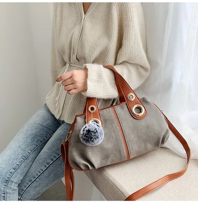 Hair Ball Pendant Frosted Women Bag Grey - Shop at LoveMi