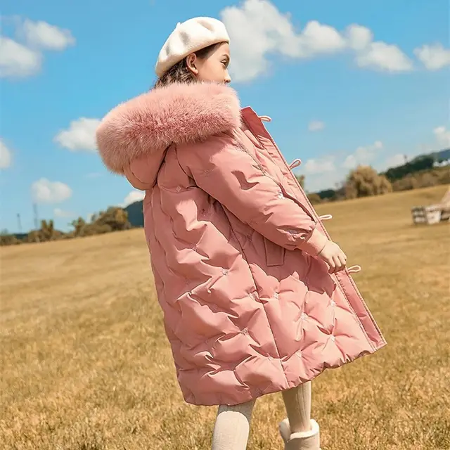 Girls' Winter New Long Down Jacket Pink Imitation Fur Collar - Shop at LoveMi