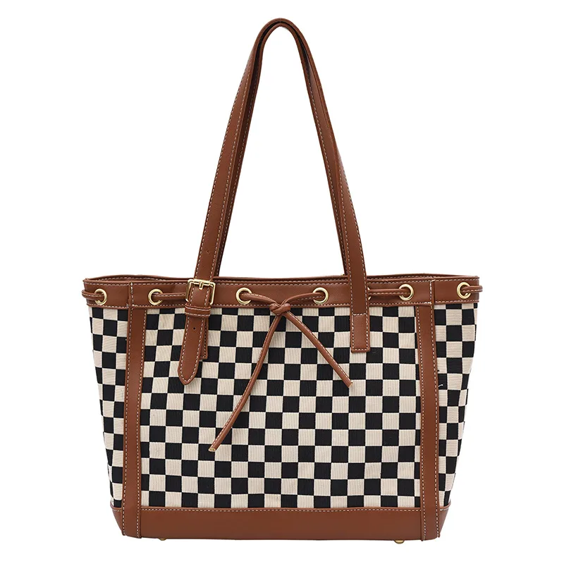 Contrast Color Tote Bag With Checkerboard Brown - Shop at LoveMi