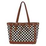 Contrast Color Tote Bag With Checkerboard - Brown