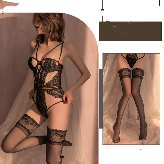 Sexy Lingerie Lace Steel Ring Corset Suit Black Bodysuit Stockings - Shop at LoveMi