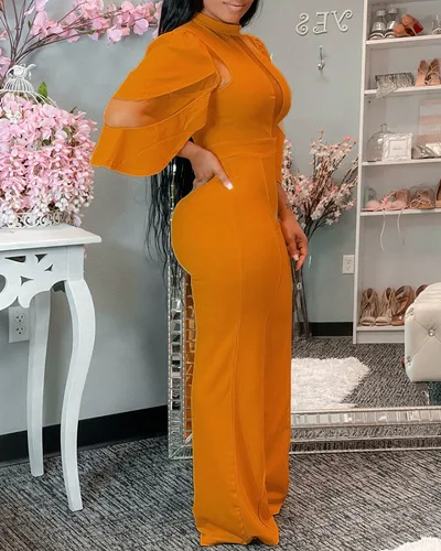 European And American Classic Solid Color Slant Collar Buttoned One piece Wide leg Pants Orange - Shop at LoveMi