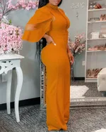 European And American Classic Solid Color Slant Collar Buttoned One-piece Wide-leg Pants - Orange