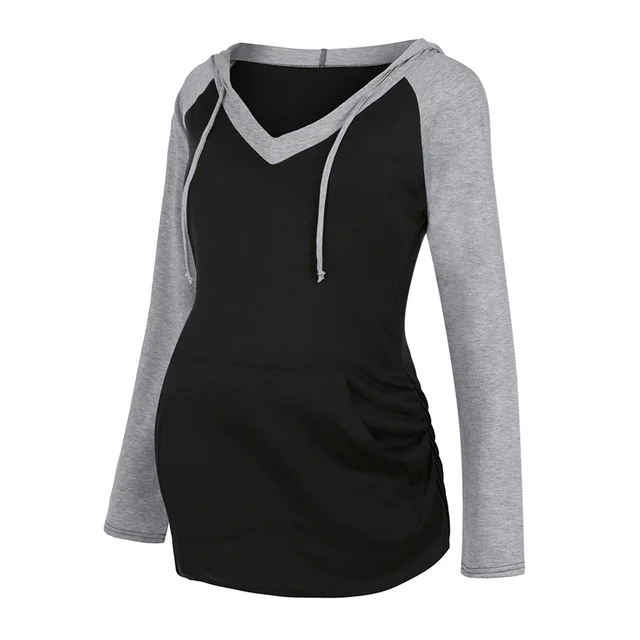 Autumn And Winter Color blocking Long sleeved Hooded Breastfeeding Jacket Grey Sleeves - Shop at LoveMi