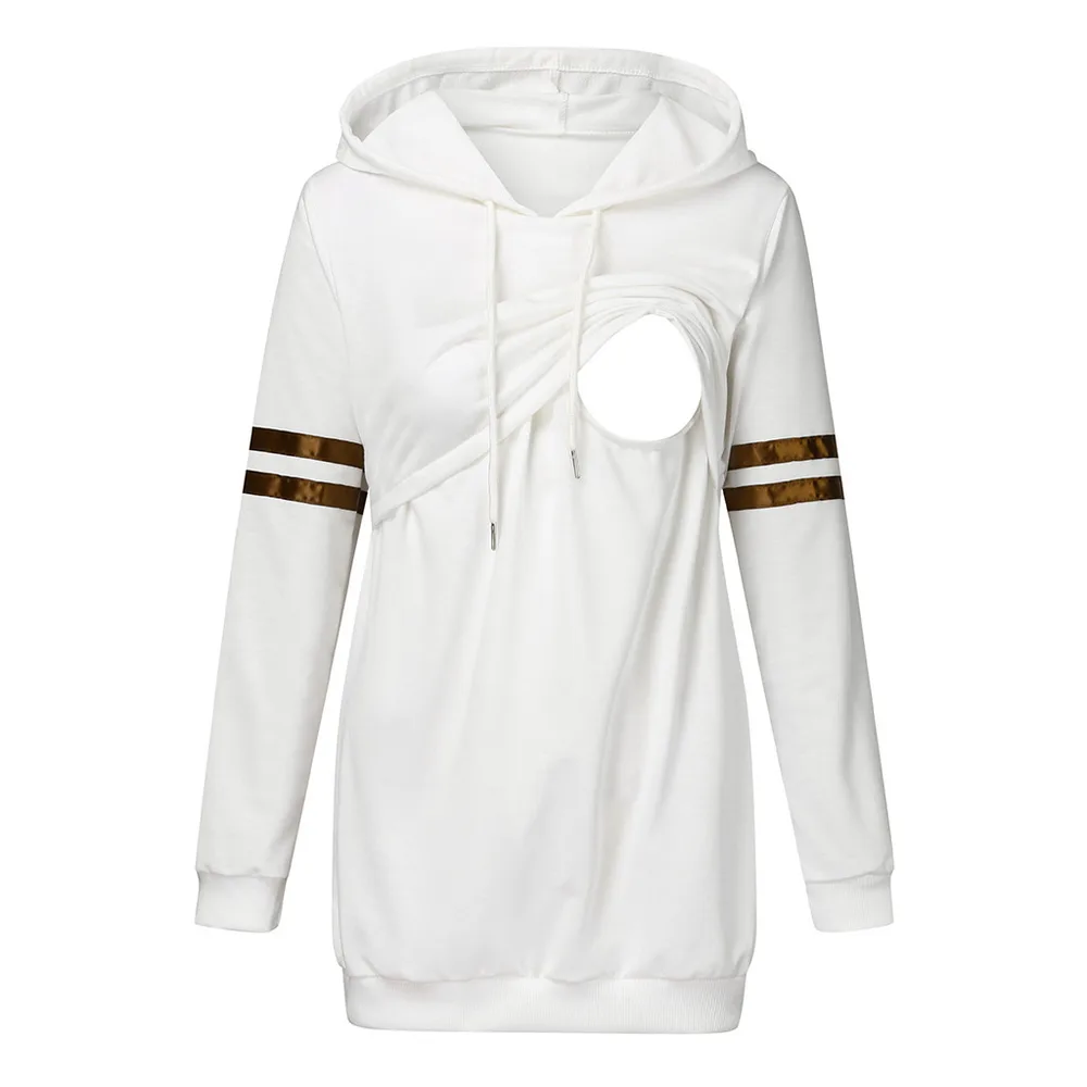 Autumn And Winter Color blocking Long sleeved Hooded Breastfeeding Jacket White - Shop at LoveMi