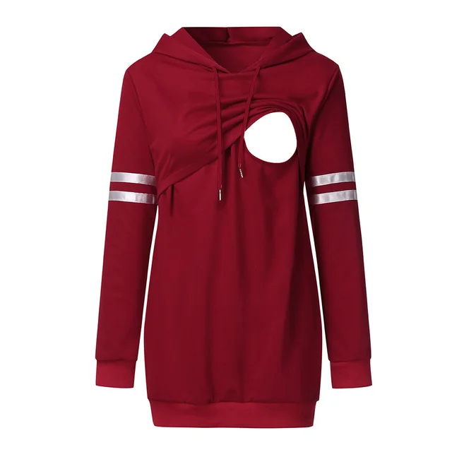 Autumn And Winter Color blocking Long sleeved Hooded Breastfeeding Jacket Wine Red - Shop at LoveMi