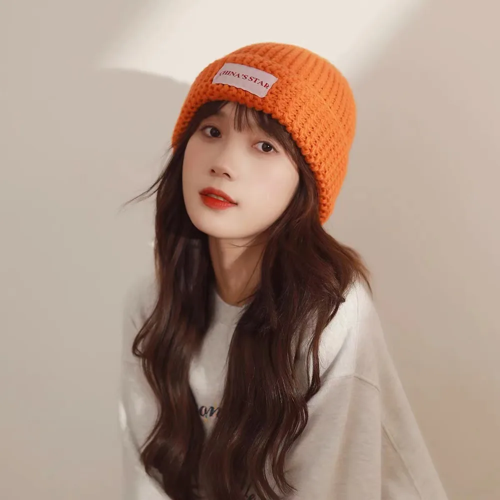 Labeled Knitted Hat Women Autumn And Winter Retro Sweet And Cute Pure Color - Orange - View 1
