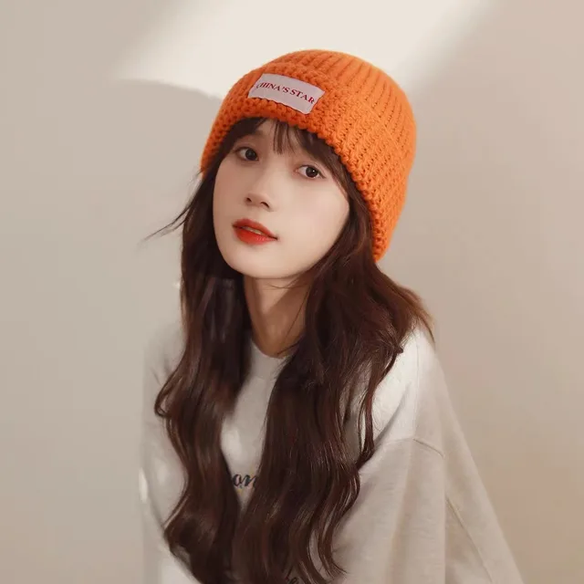 Labeled Knitted Hat Women Autumn And Winter Retro Sweet And Cute Pure Color Orange - Shop at LoveMi