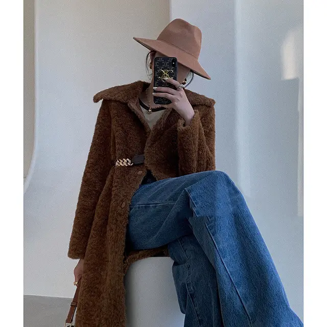 Temperament Faux Fur One Mid length Winter Coat Caramel Colour - Shop at LoveMi