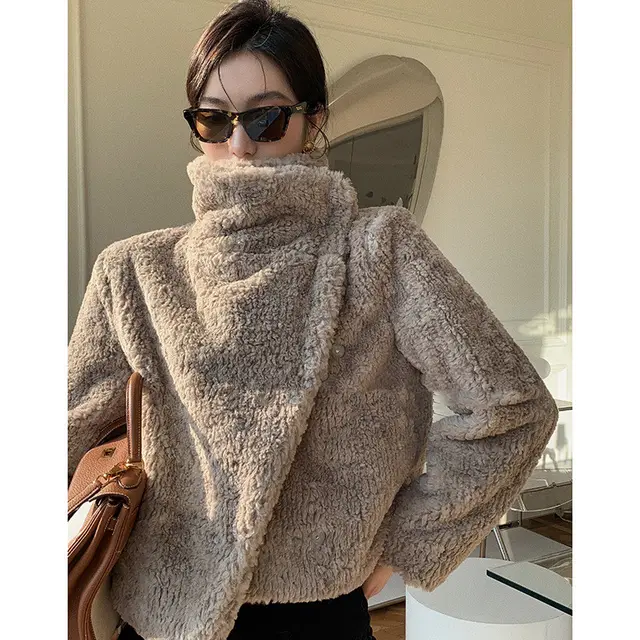 Korean Style Temperament Stand collar Lapel Faux Fur Jacket Coffee - Shop at LoveMi